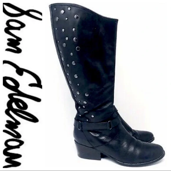 💕SALE💕 Libby Edelman Studded Black Leather Tall Riding Boots - Picture 5 of 7
